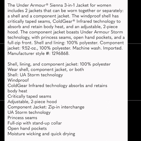 NWT $200 UA STORM Sienna 3-In-1 Jacket Size: S - Picture 16 of 16